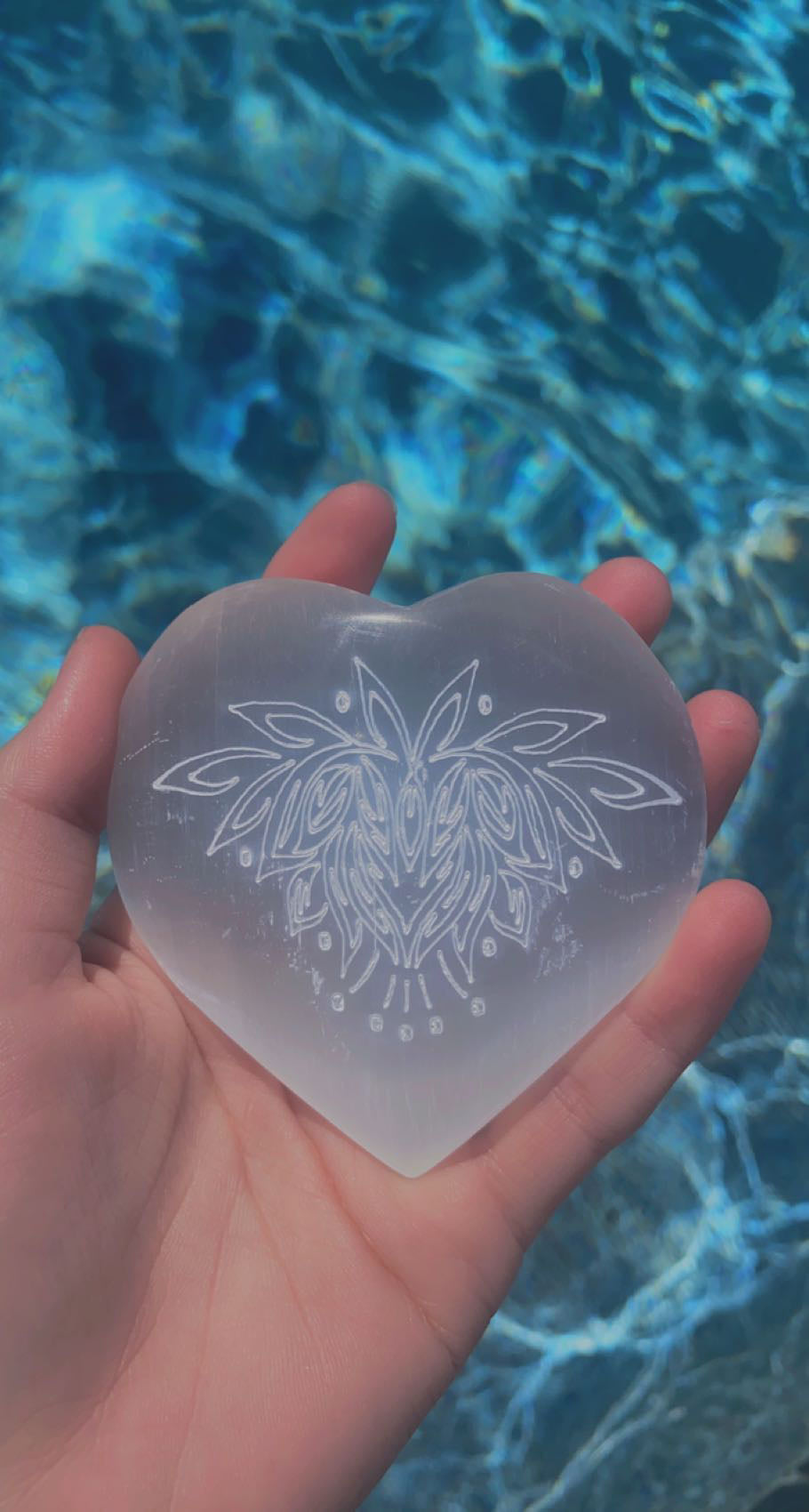 Selenite Etched Lotus Flower Hearts