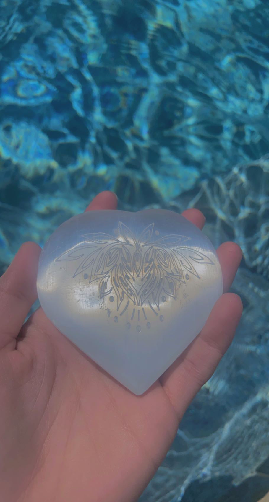 Selenite Etched Lotus Flower Hearts